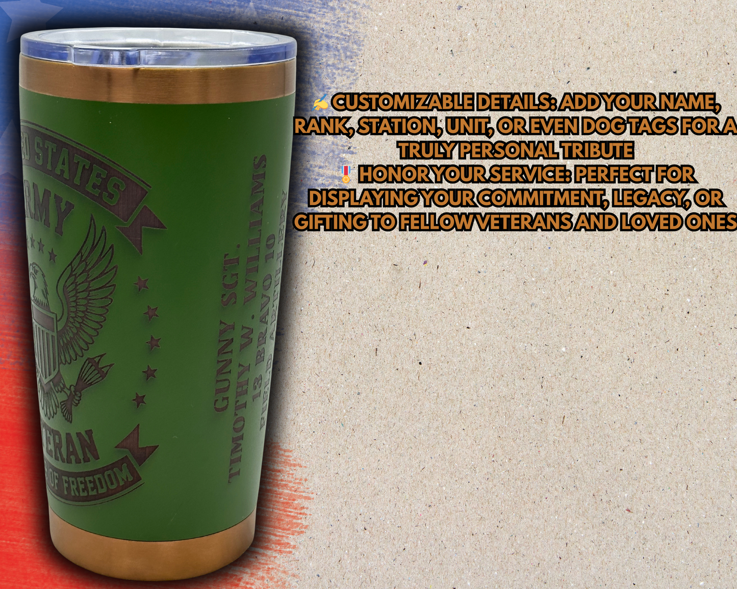 United States Veteran 20oz Laser-Engraved Tumbler – Army Green & Bronze