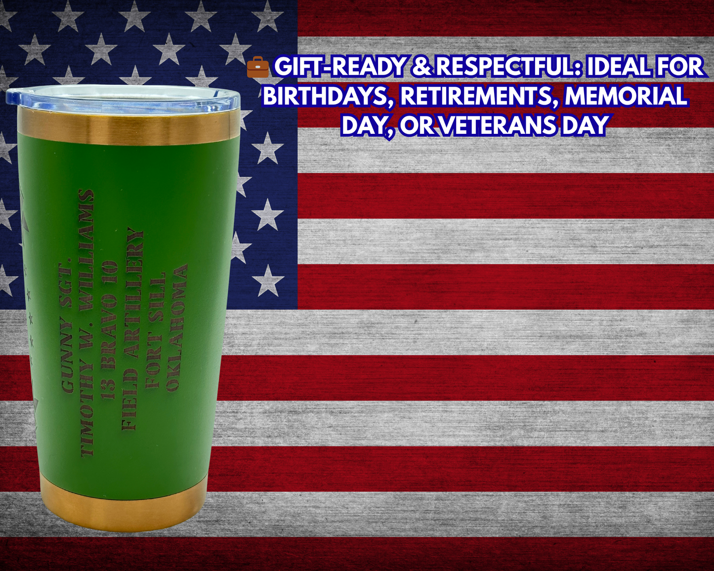 United States Veteran 20oz Laser-Engraved Tumbler – Army Green & Bronze