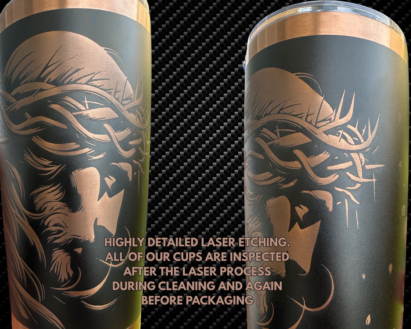 LASER ENGRAVED JESUS TUMBLER- BLACK AND BRONZE 20 OZ
