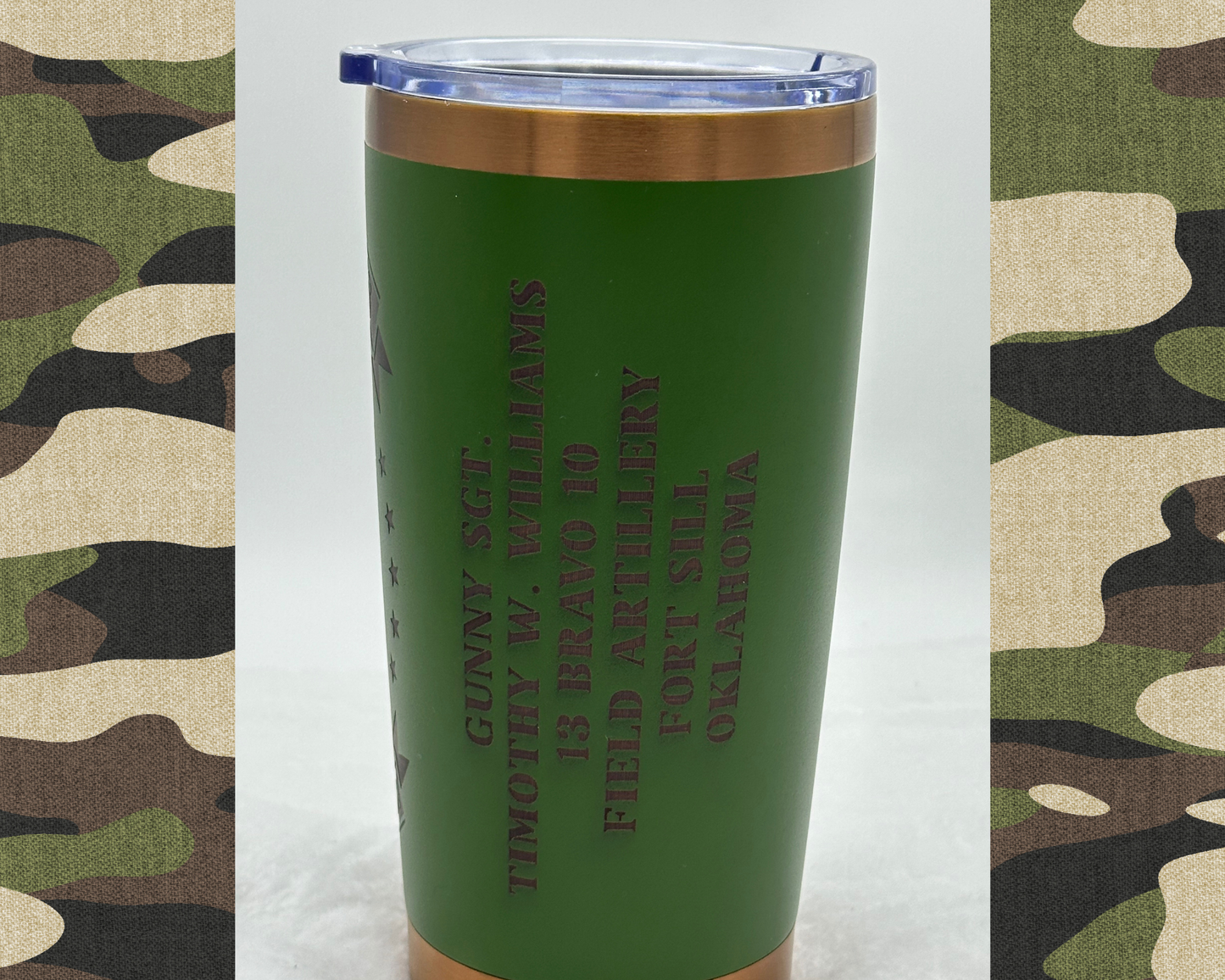 United States Veteran 20oz Laser-Engraved Tumbler – Army Green & Bronze