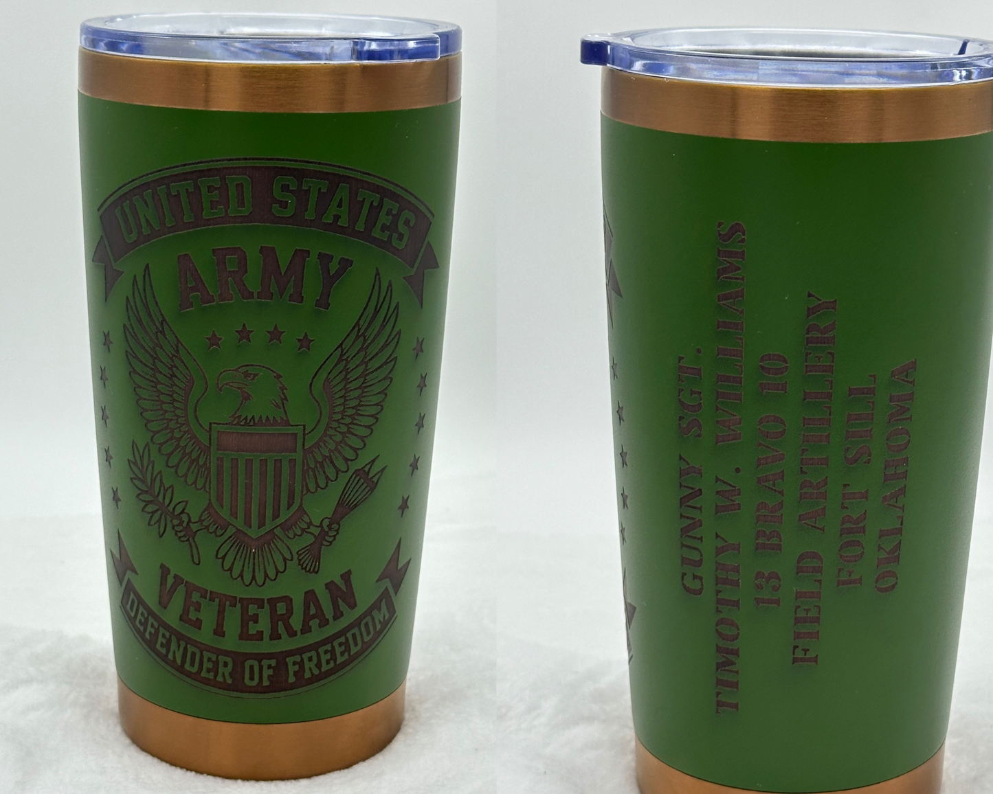 United States Veteran 20oz Laser-Engraved Tumbler – Army Green & Bronze