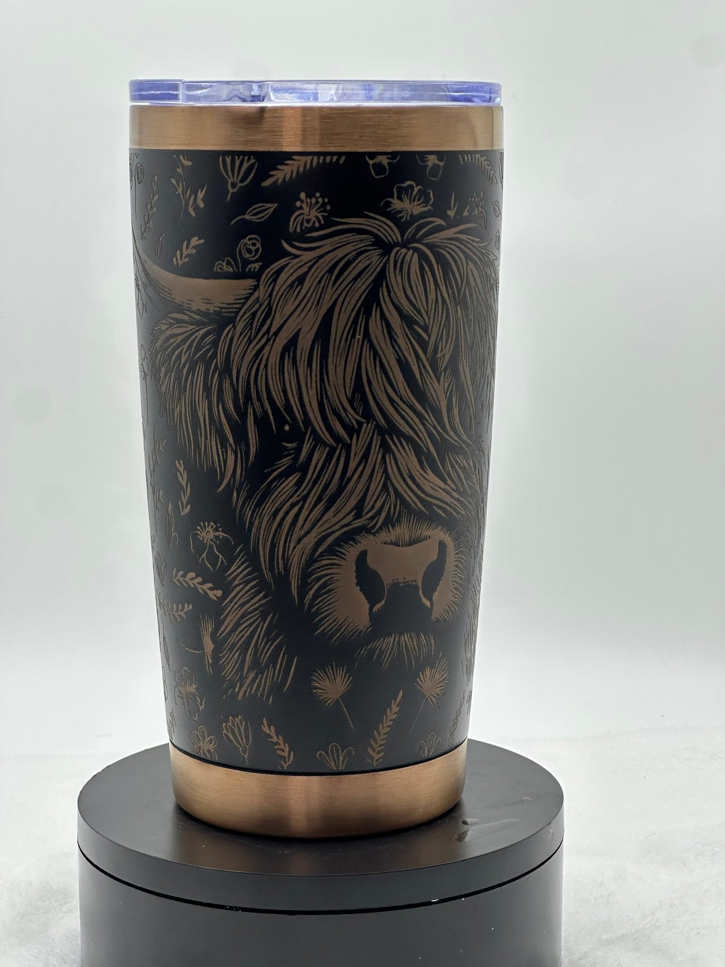🥃 Highland Cow Laser-Engraved Tumbler – Black & Bronze Stainless Steel (20oz)