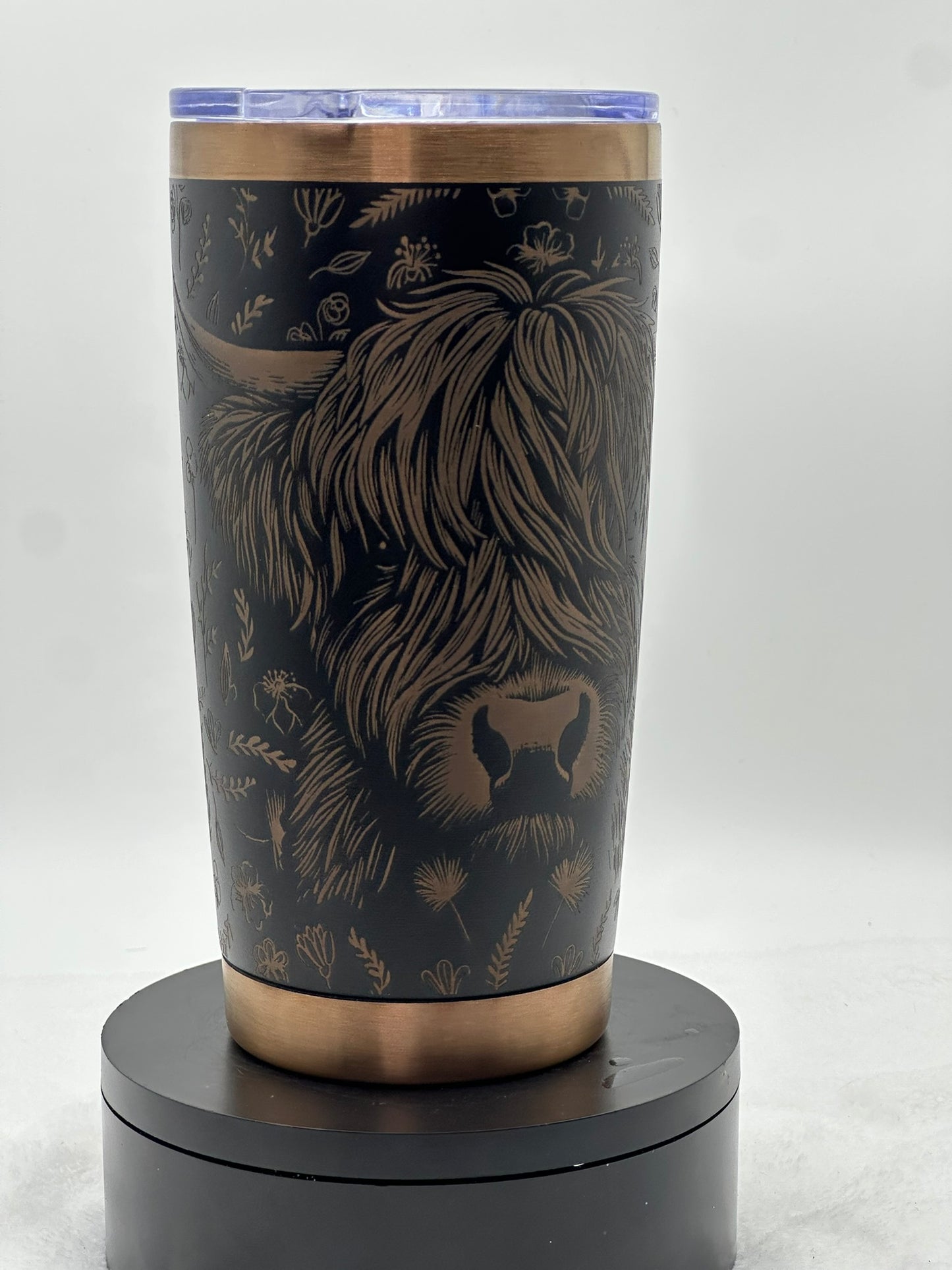 🥃 Highland Cow Laser-Engraved Tumbler – Black & Bronze Stainless Steel (20oz)