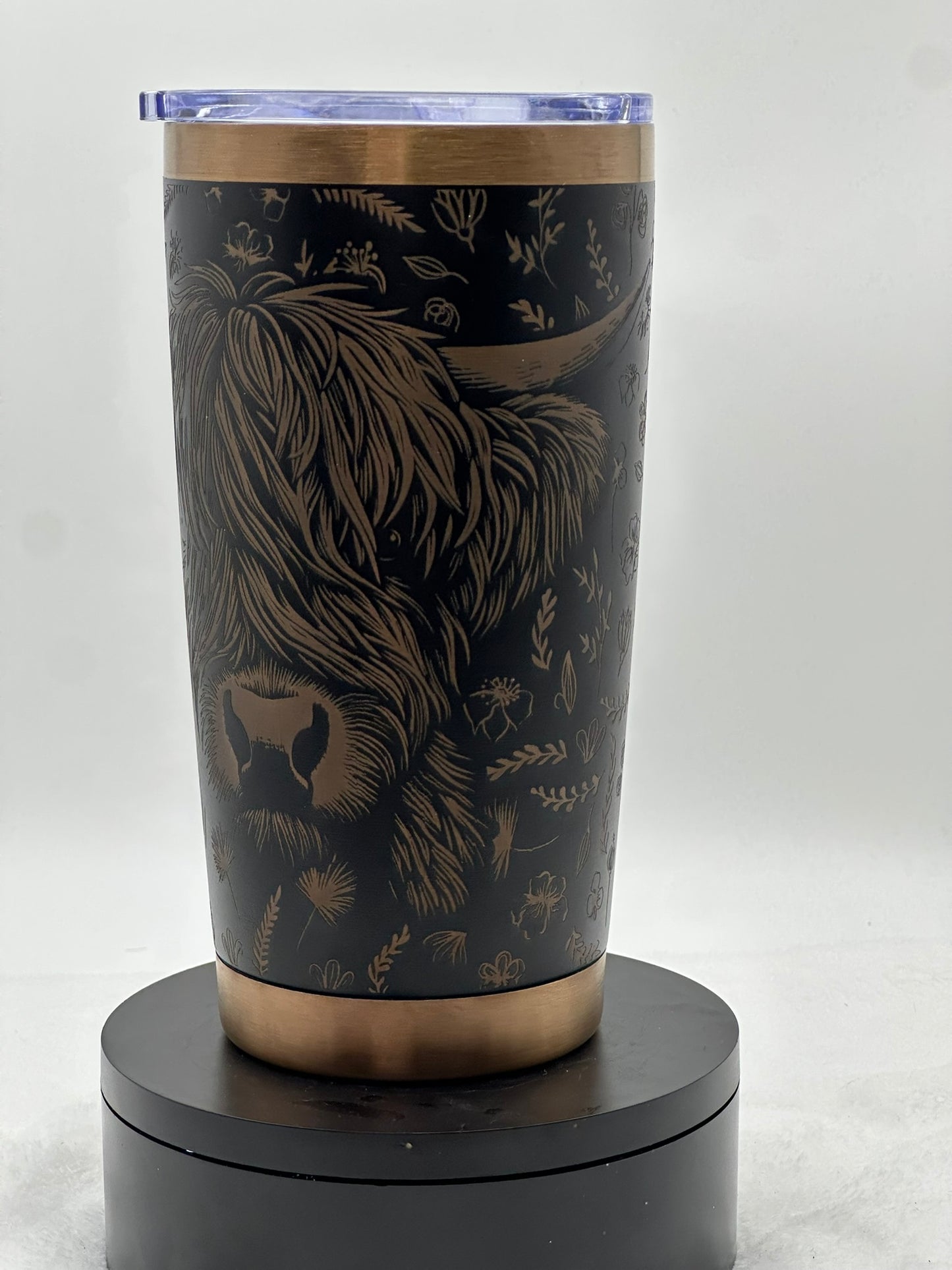 🥃 Highland Cow Laser-Engraved Tumbler – Black & Bronze Stainless Steel (20oz)