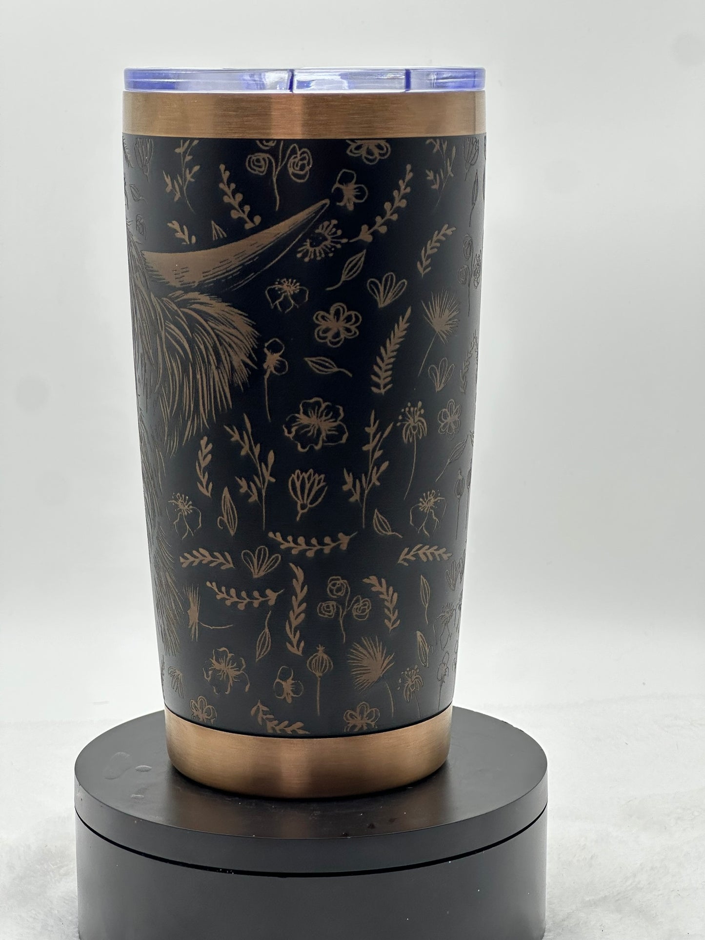 🥃 Highland Cow Laser-Engraved Tumbler – Black & Bronze Stainless Steel (20oz)