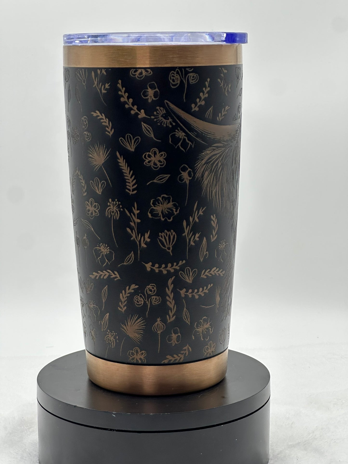 🥃 Highland Cow Laser-Engraved Tumbler – Black & Bronze Stainless Steel (20oz)