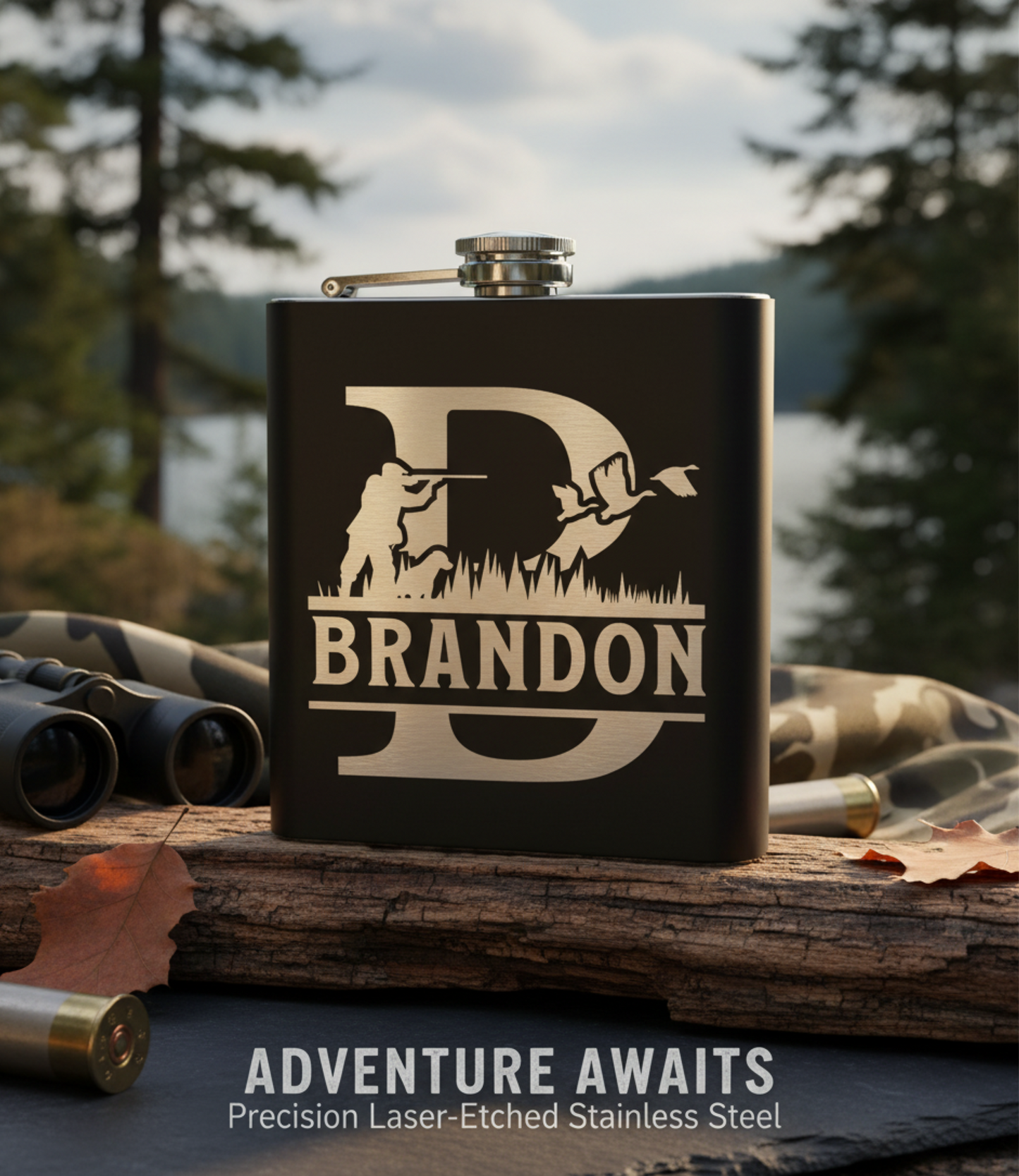 Hunting Monogram Whiskey Flask - Black Matte 8oz