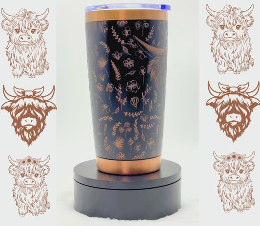 🥃 Highland Cow Laser-Engraved Tumbler – Black & Bronze Stainless Steel (20oz)